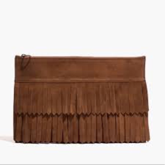 Madewell Handbags - Madewell Italian Suede Tan Clutch with Fringe